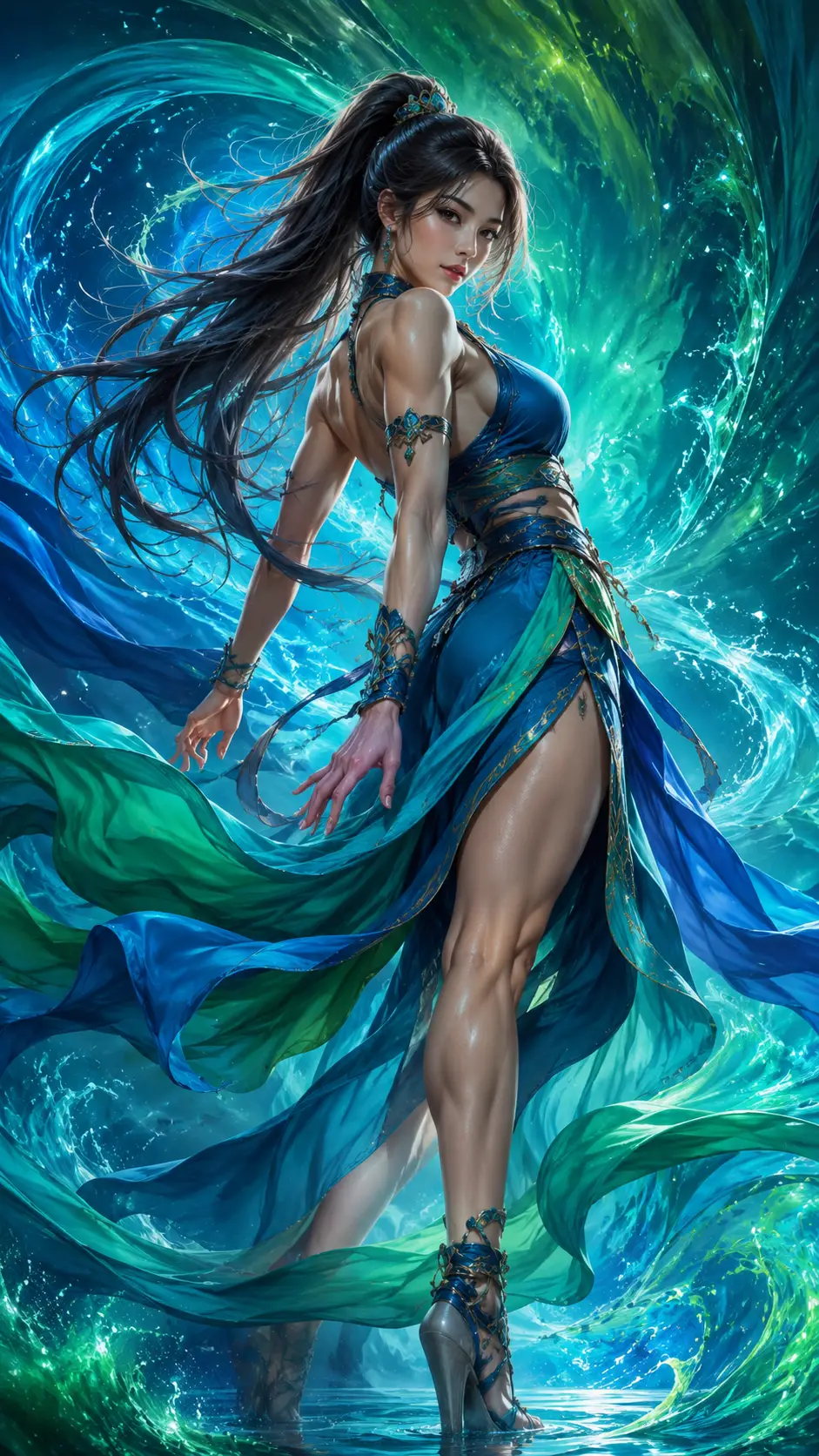 Mujer atlética con vestido azul, verde y turquesa