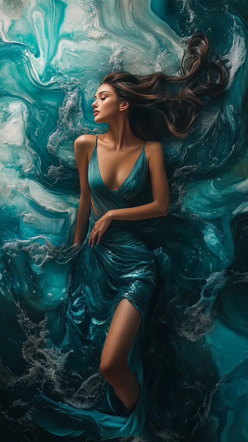 青綠色晚禮服與抽象背景的年輕女子