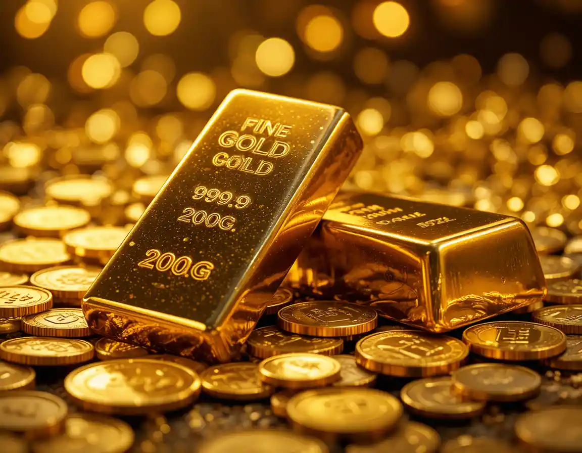 Lingotes y Monedas de Oro Brillantes en Primer Plano de Lujo