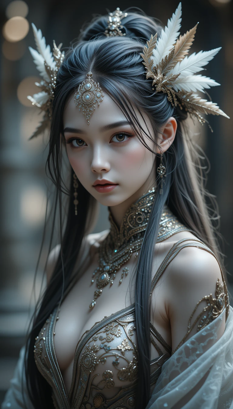 金屬與羽毛髮飾的蒼白幻想少女