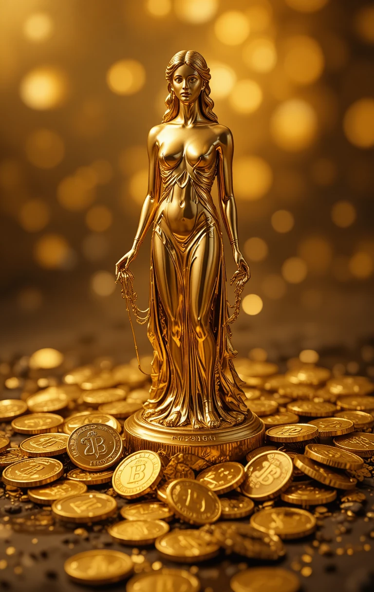 反光表面上散落硬幣的金色女性雕像