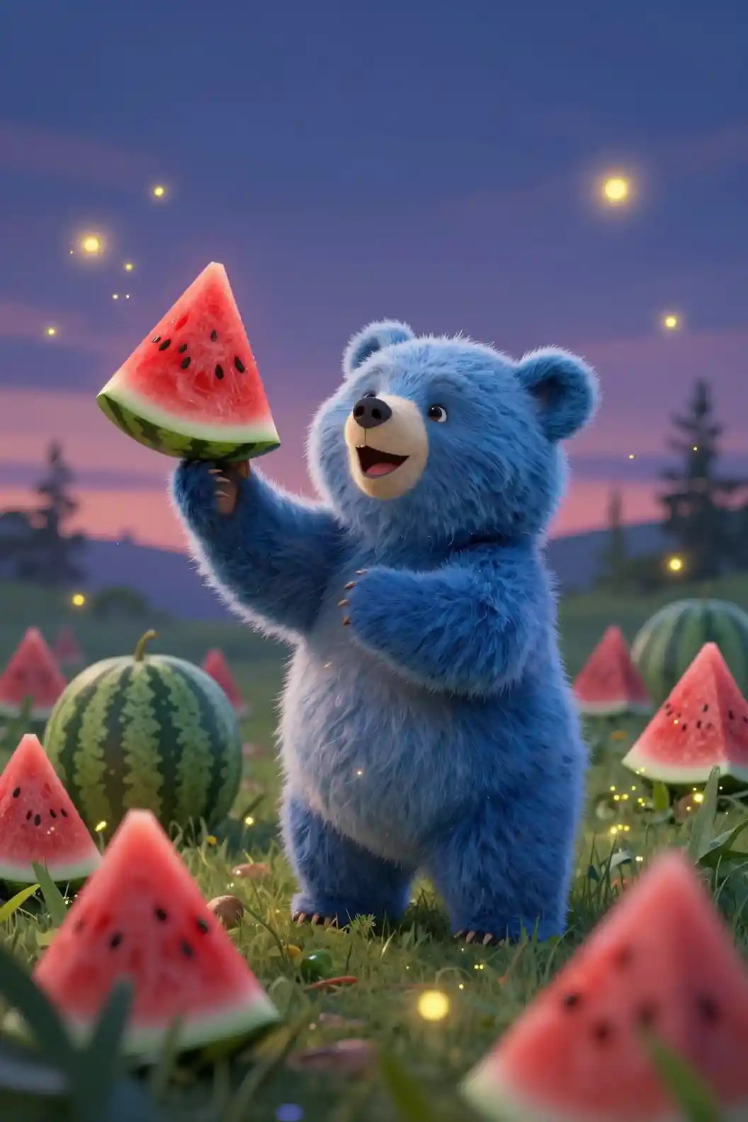 Joyful blue baby bear in a glowing watermelon patch
