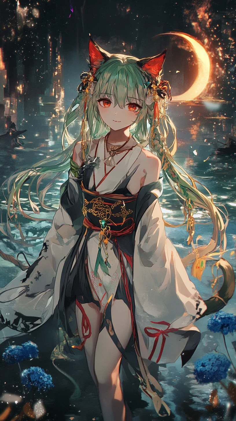 綠髮華麗奇幻服飾的動漫少女