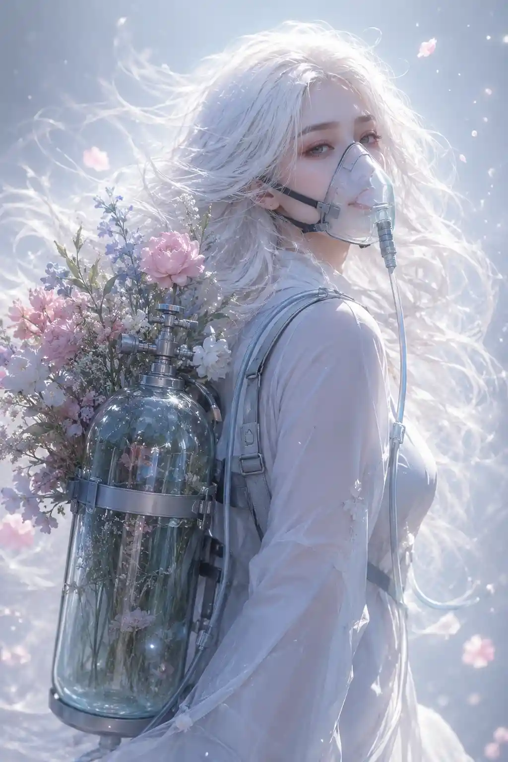 Femme avec Bonbonne d’Oxygène et Fleurs dans un Décor Éthéré