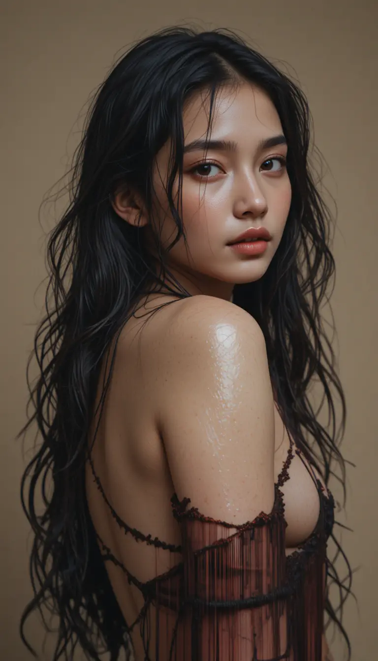 濕髮女孩的親密肖像 柔和暖光氛圍