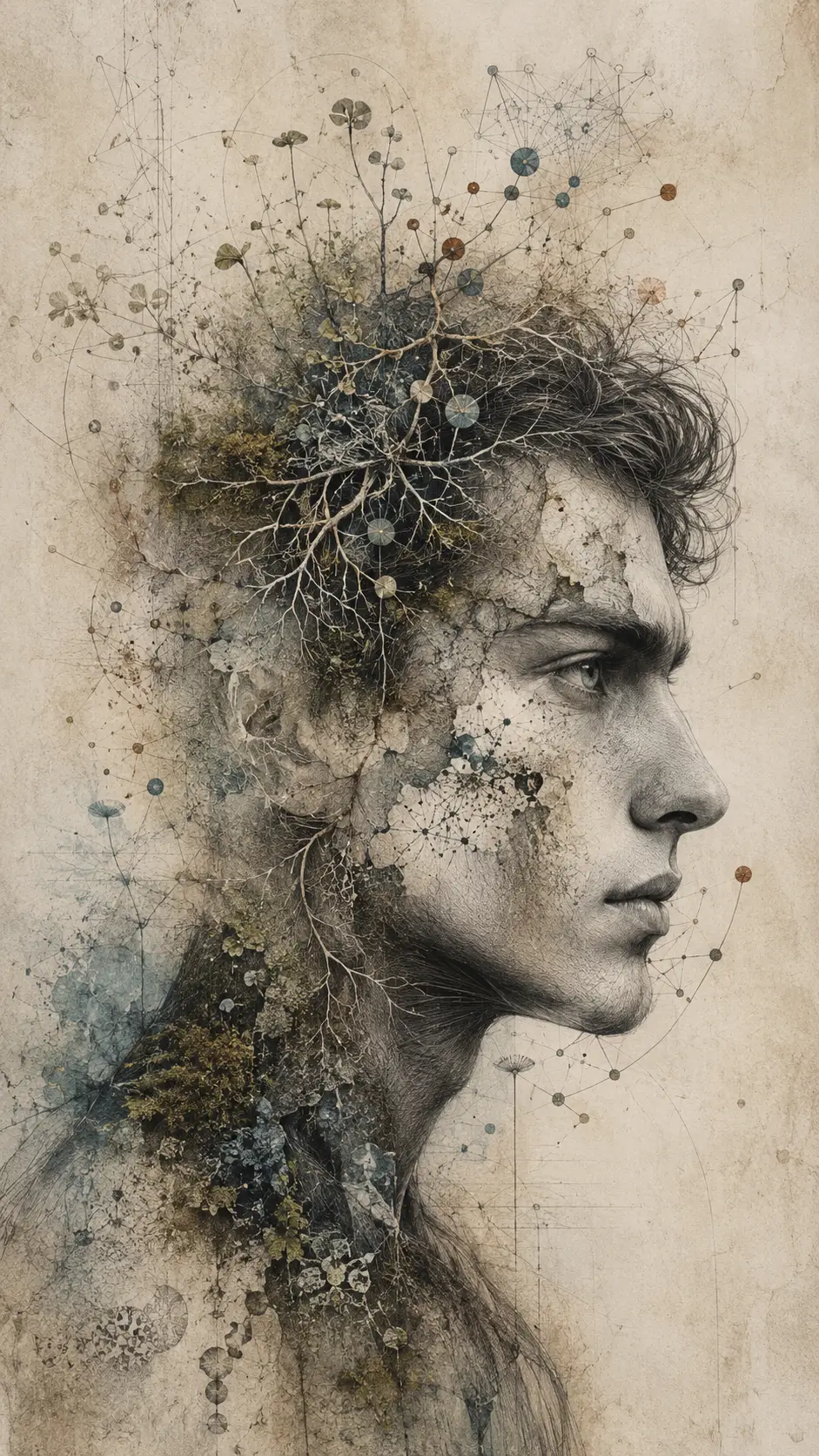 Portrait de profil surréaliste en graphite avec détails neuronaux botaniques