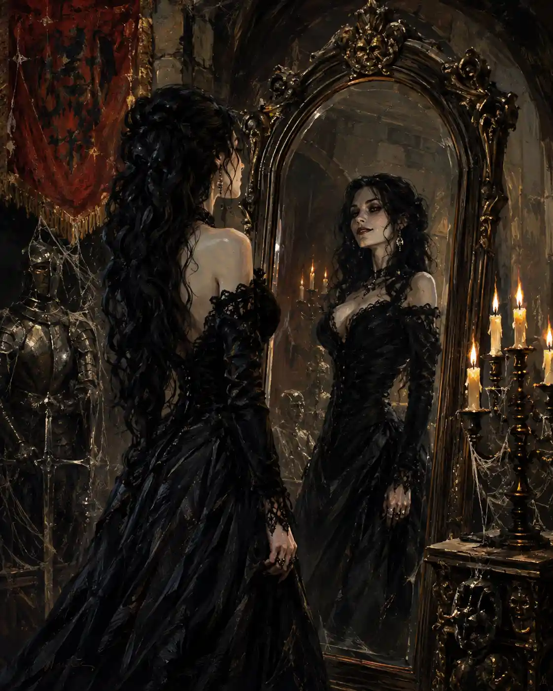 Femme gothique en robe noire devant un miroir de château ornementé
