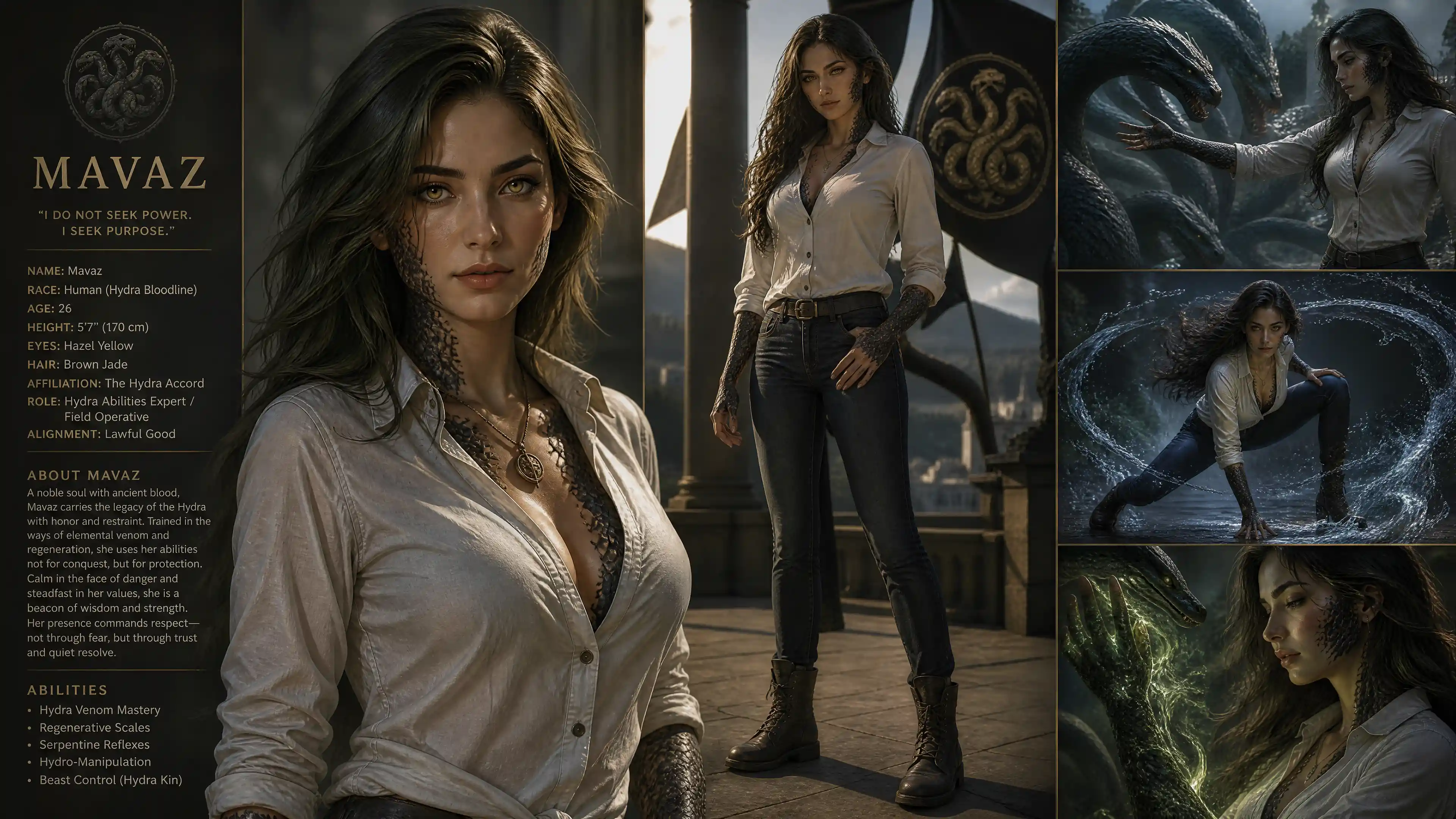 Brave hydra marked woman in casual modern clothing