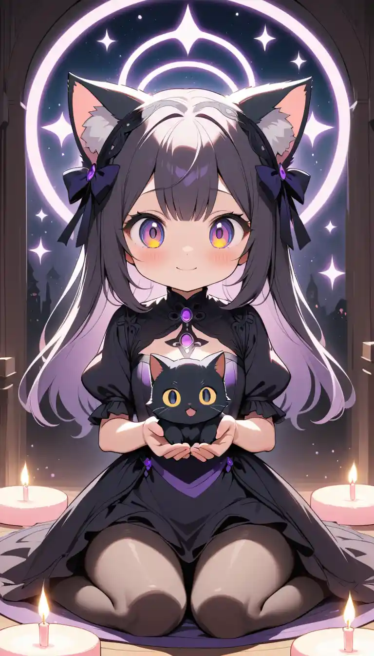 Linda sacerdotisa oscura invocando a un diminuto gatito negro
