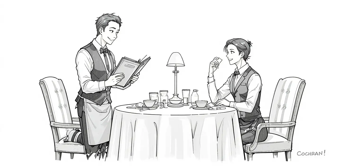 溫馨餐廳中開朗服務生點餐的卡通插畫