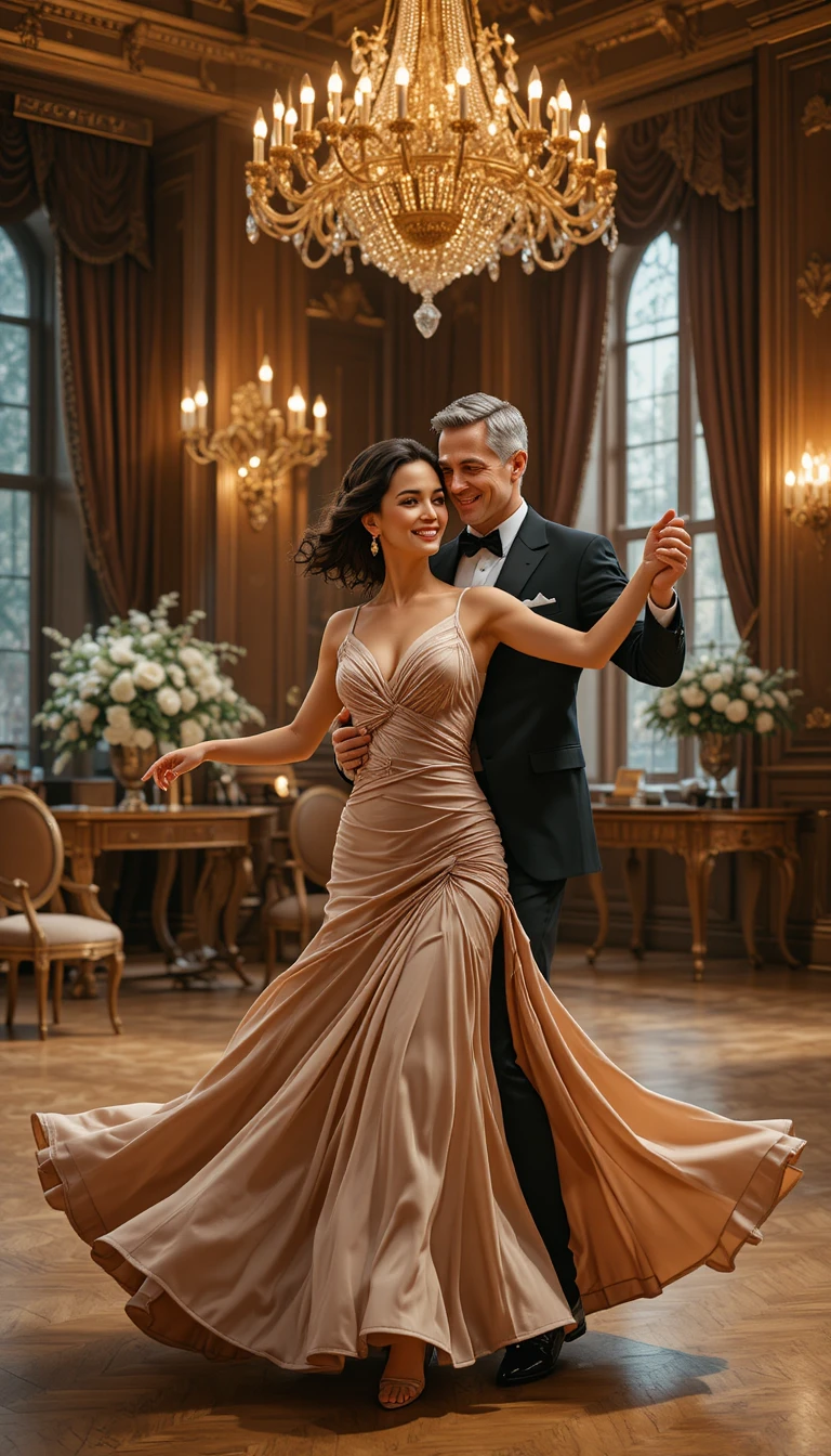 Casal elegante dançando uma valsa em um grande salão de baile