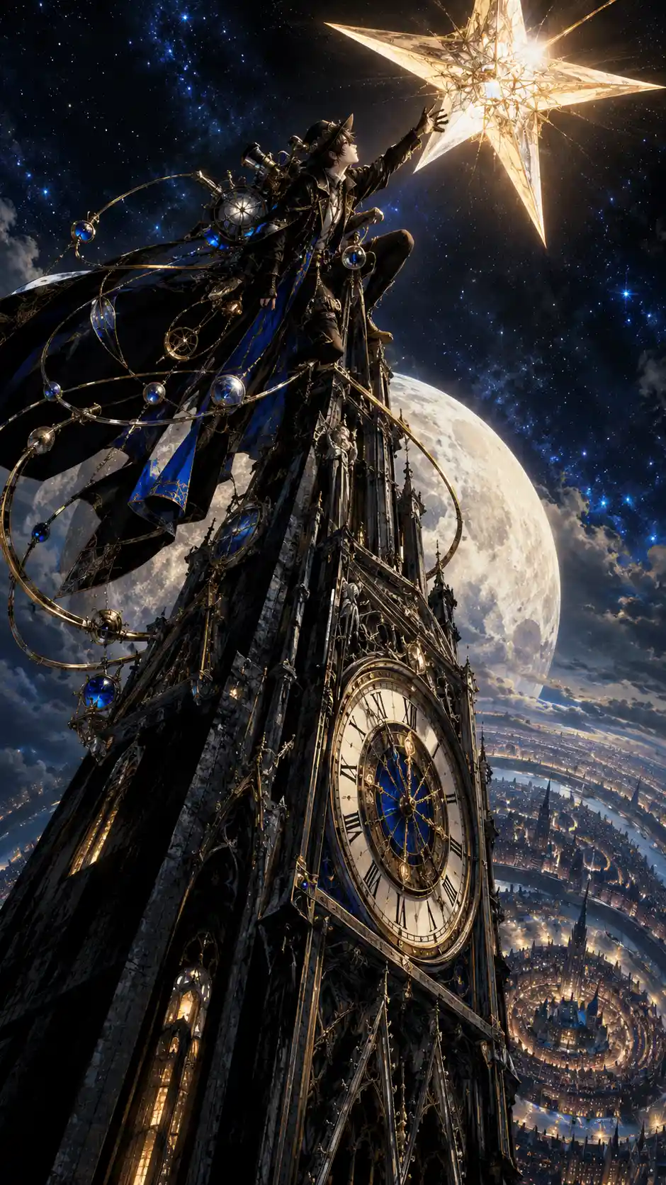 Celestial thief atop a gothic clock tower reaching for a star