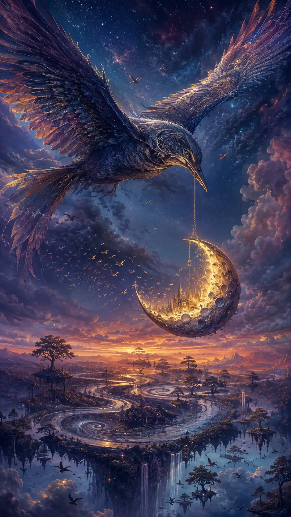 Enorme uccello fantastico che porta una luna crescente luminosa