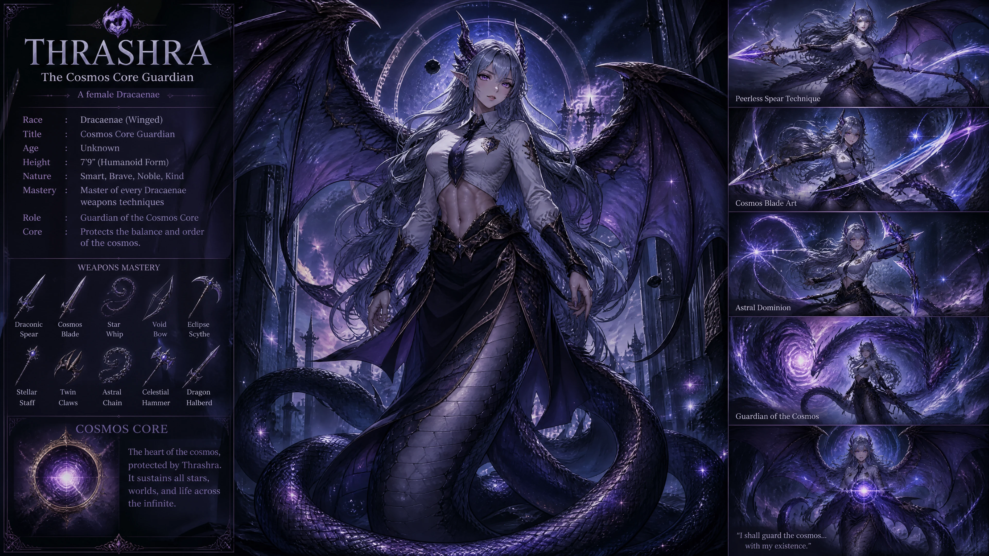 Winged dracaenae woman with cosmic serpentine body