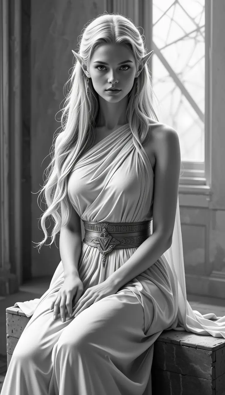 Serene elf woman seated in a flowing white gown