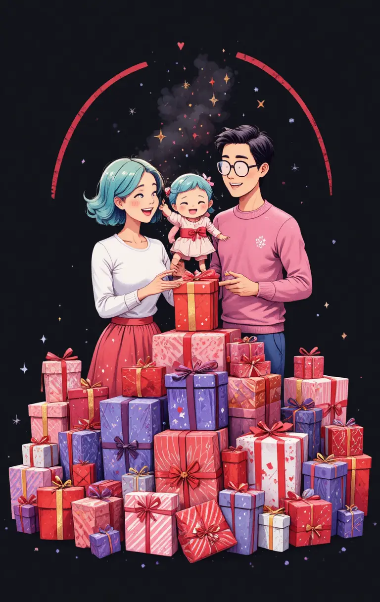 Famiglia felice che festeggia il Natale con colorate scatole regalo