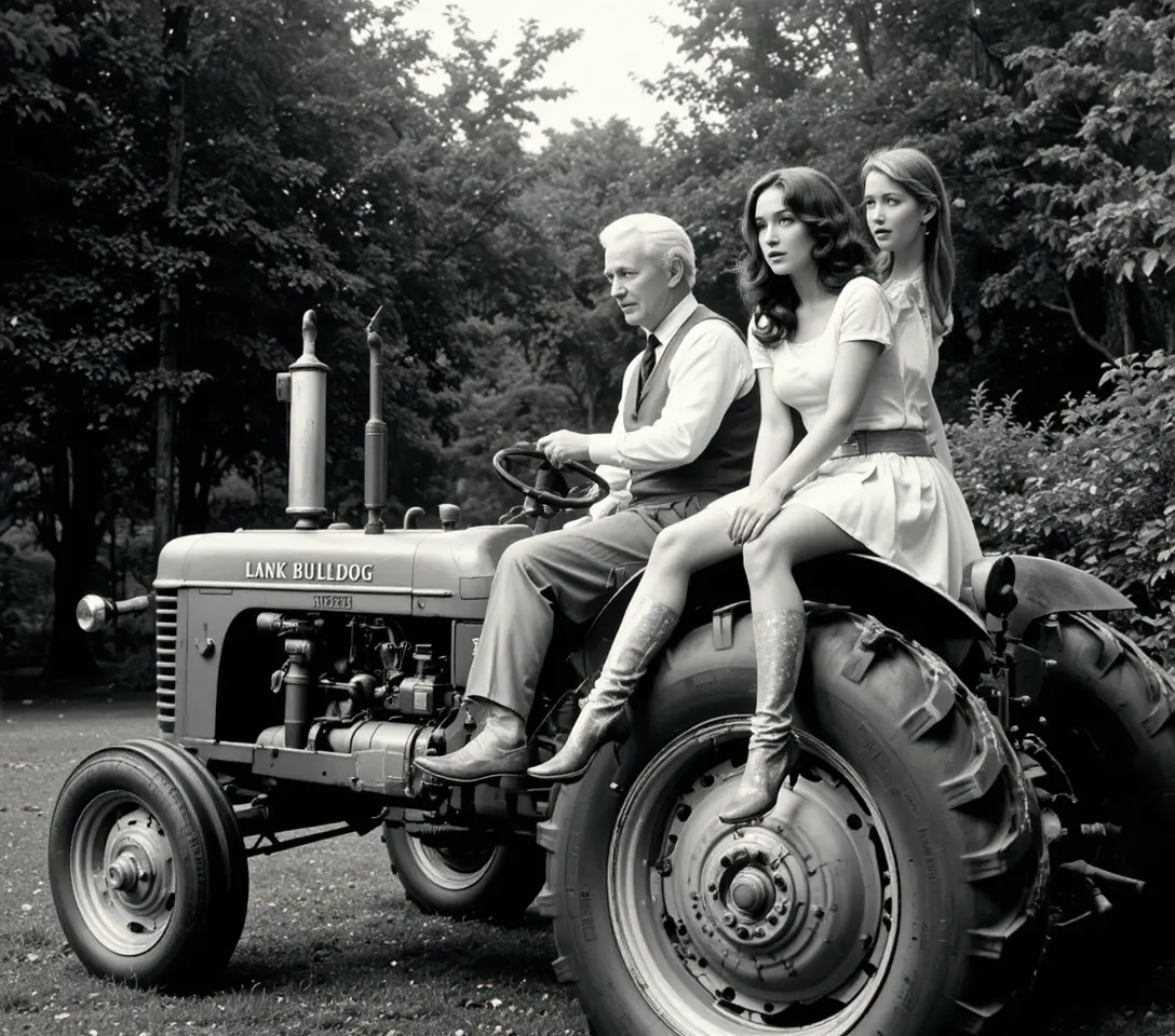 Fahrt mit einem Vintage-Traktor und verspielten Passagieren in ländlicher Umgebung