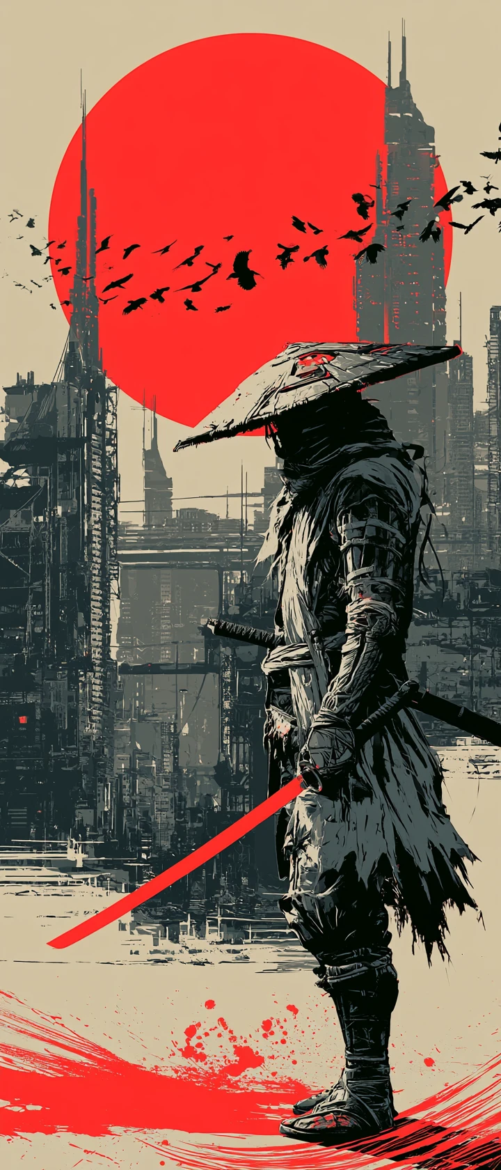 反烏托邦天際線下揮舞發光武士刀的賽博龐克浪人