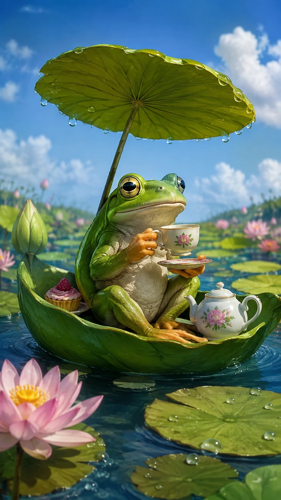 Illustration numérique ludique d’une scène fantaisiste et colorée de grenouilles
