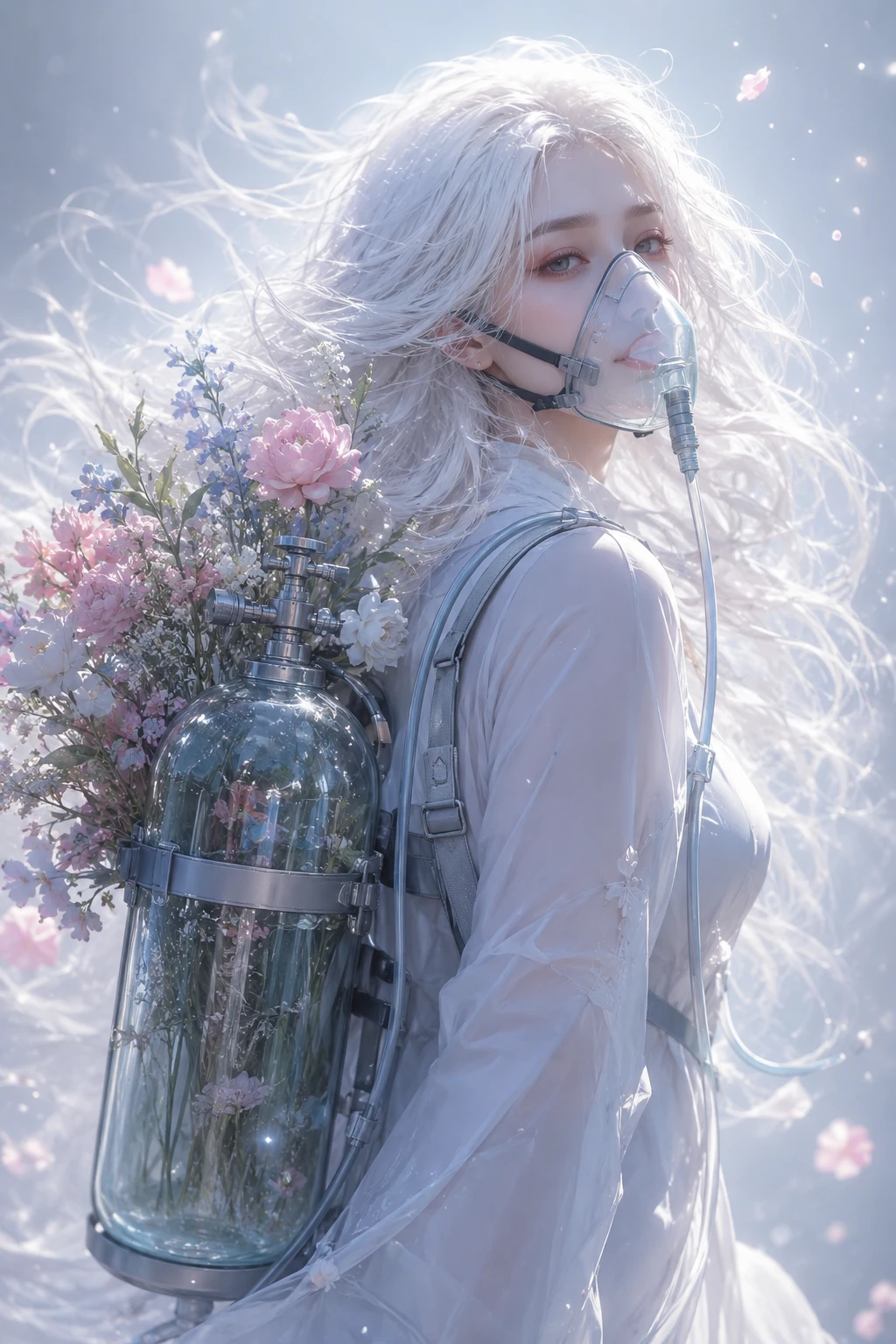 Woman With Oxygen Tank And Flowers In Ethereal Setting