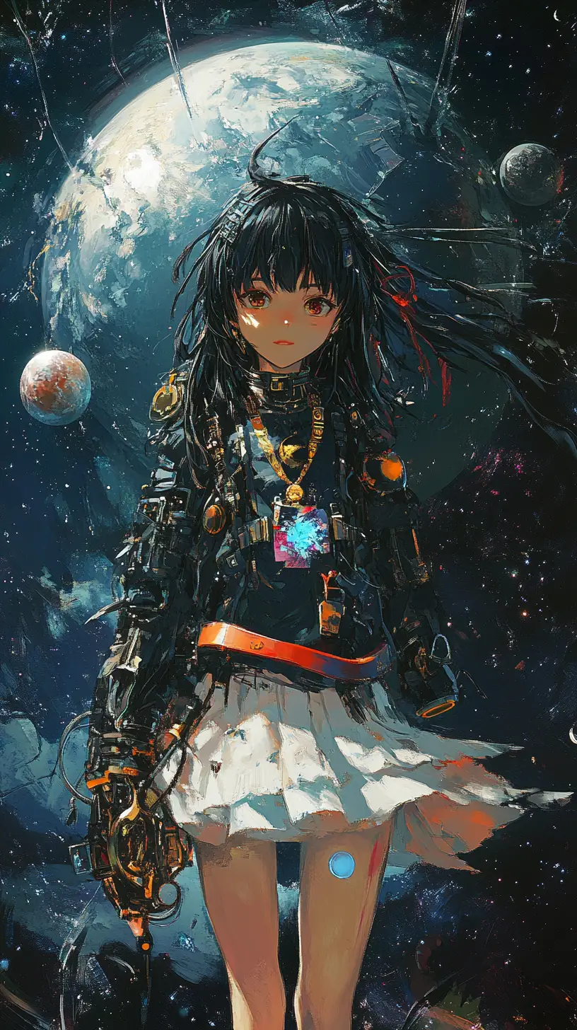 漂浮在宇宙中、靠近彩色環狀行星的動漫少女