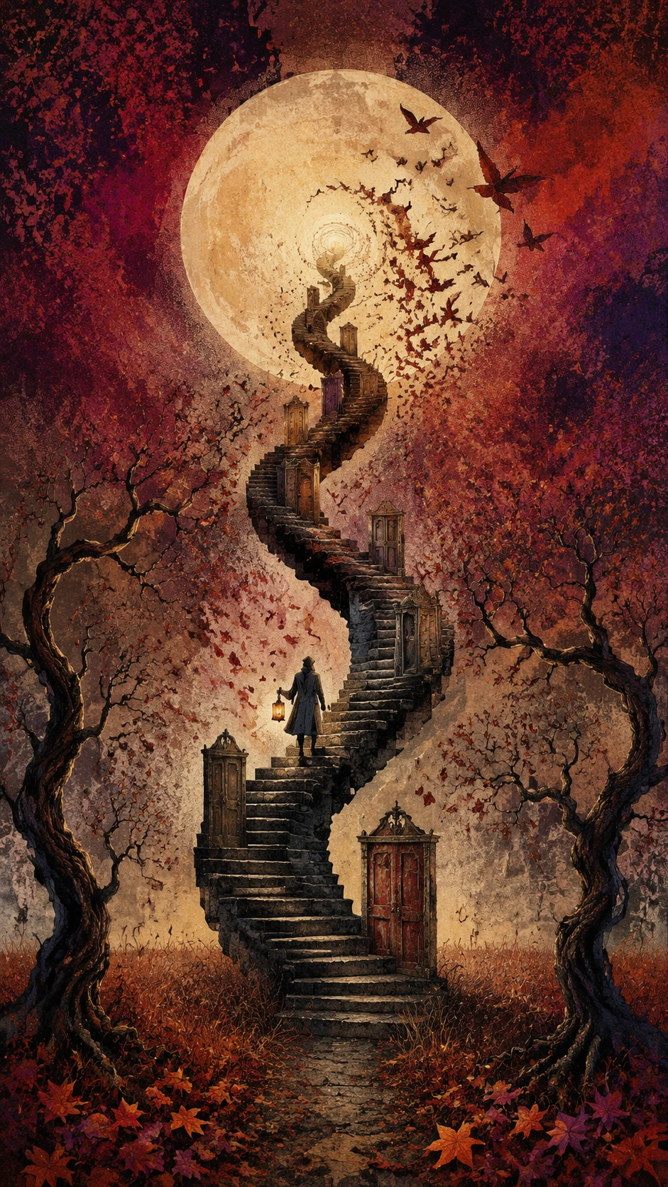 Spiral staircase rising toward a vast glowing moon