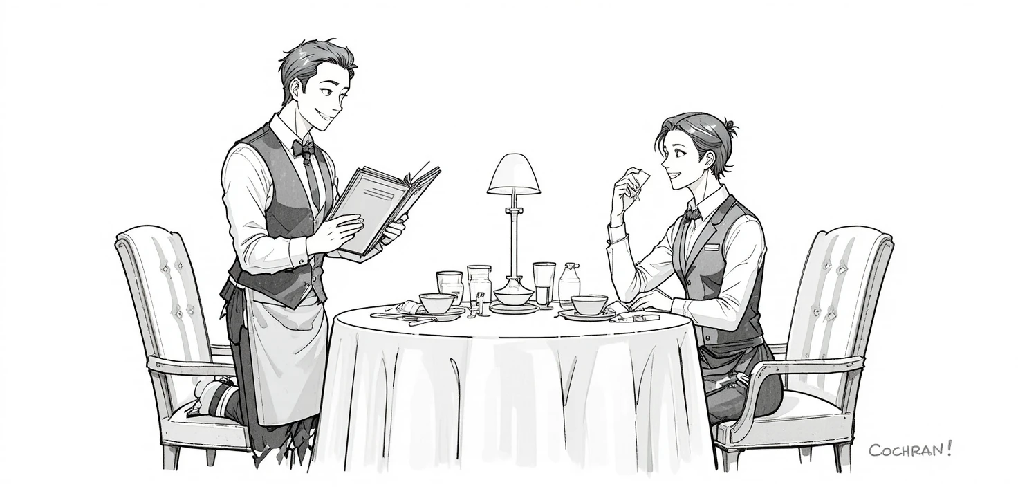 溫馨餐廳中開朗服務生點餐的卡通插畫