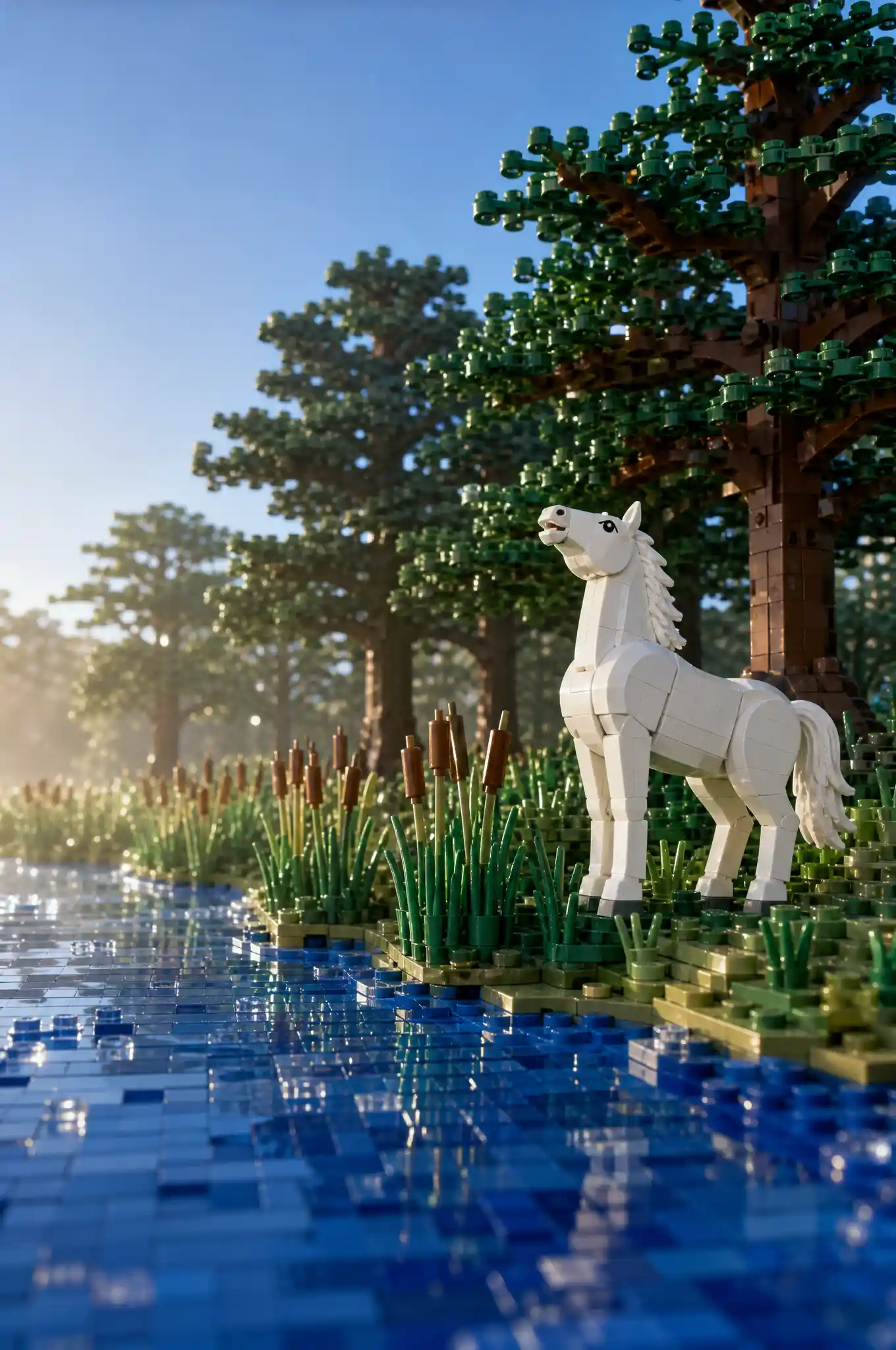 Weißes Pferd an einem ruhigen blauen See am taufrischen Morgen