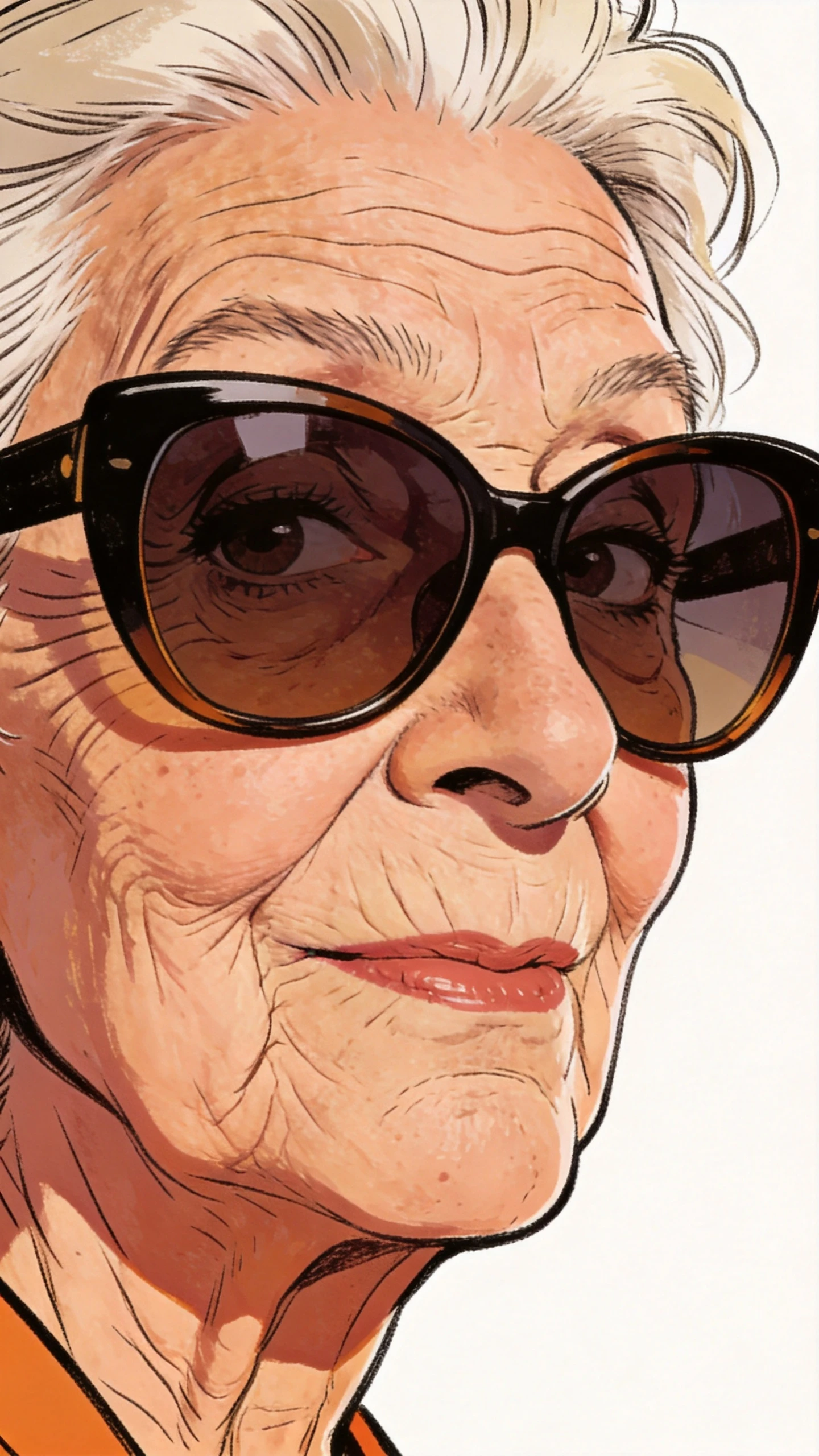 Caricature portrait of a grandmother with oversized sunglasses