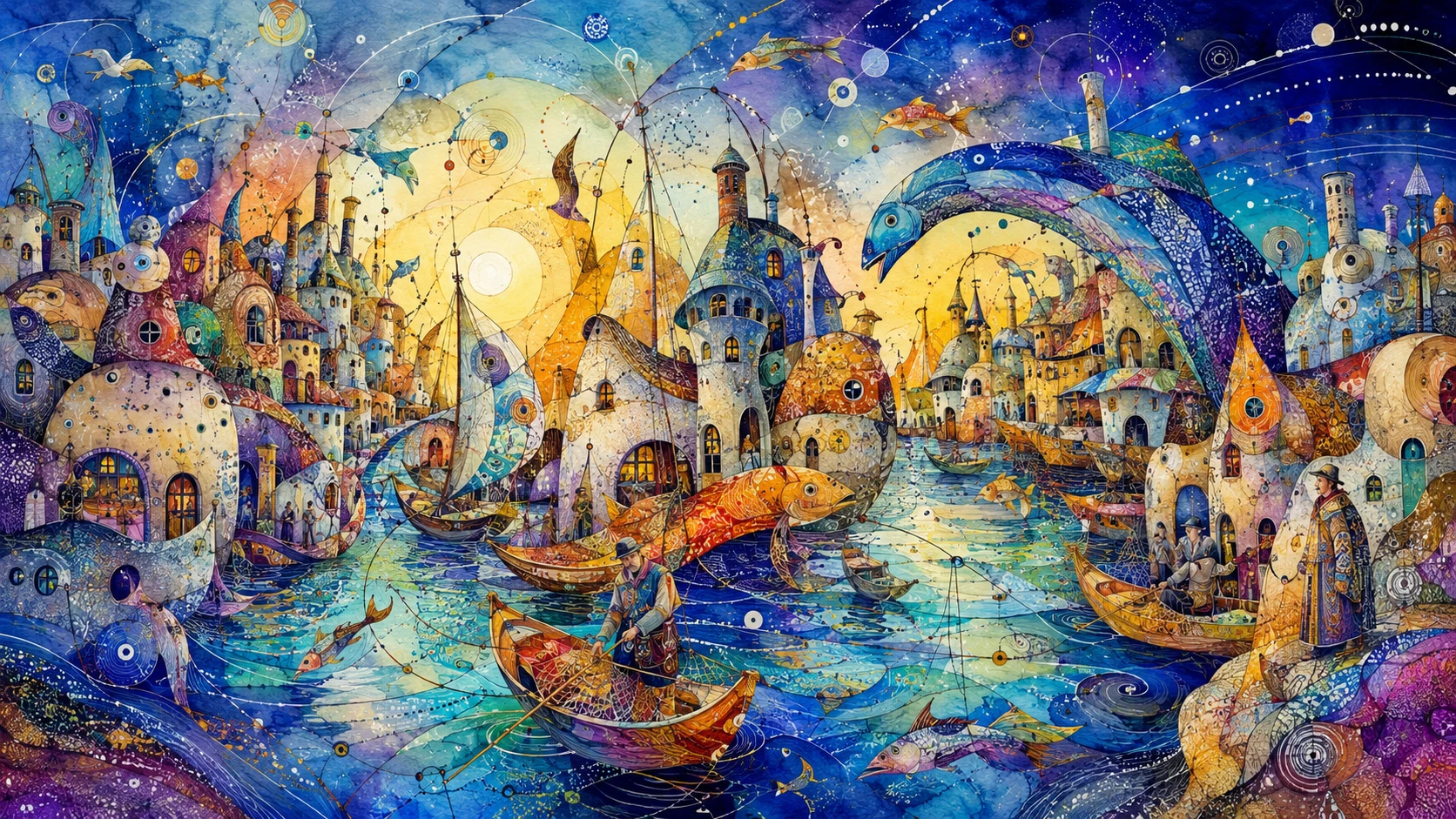 Surreal Fantasy Fishing Village Floating On An Iridescent Sea
