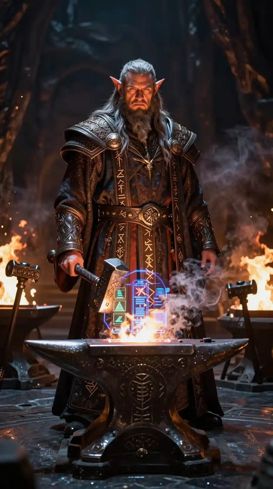 Forgeron nain de fantasy ancienne derrière une forge runique lumineuse
