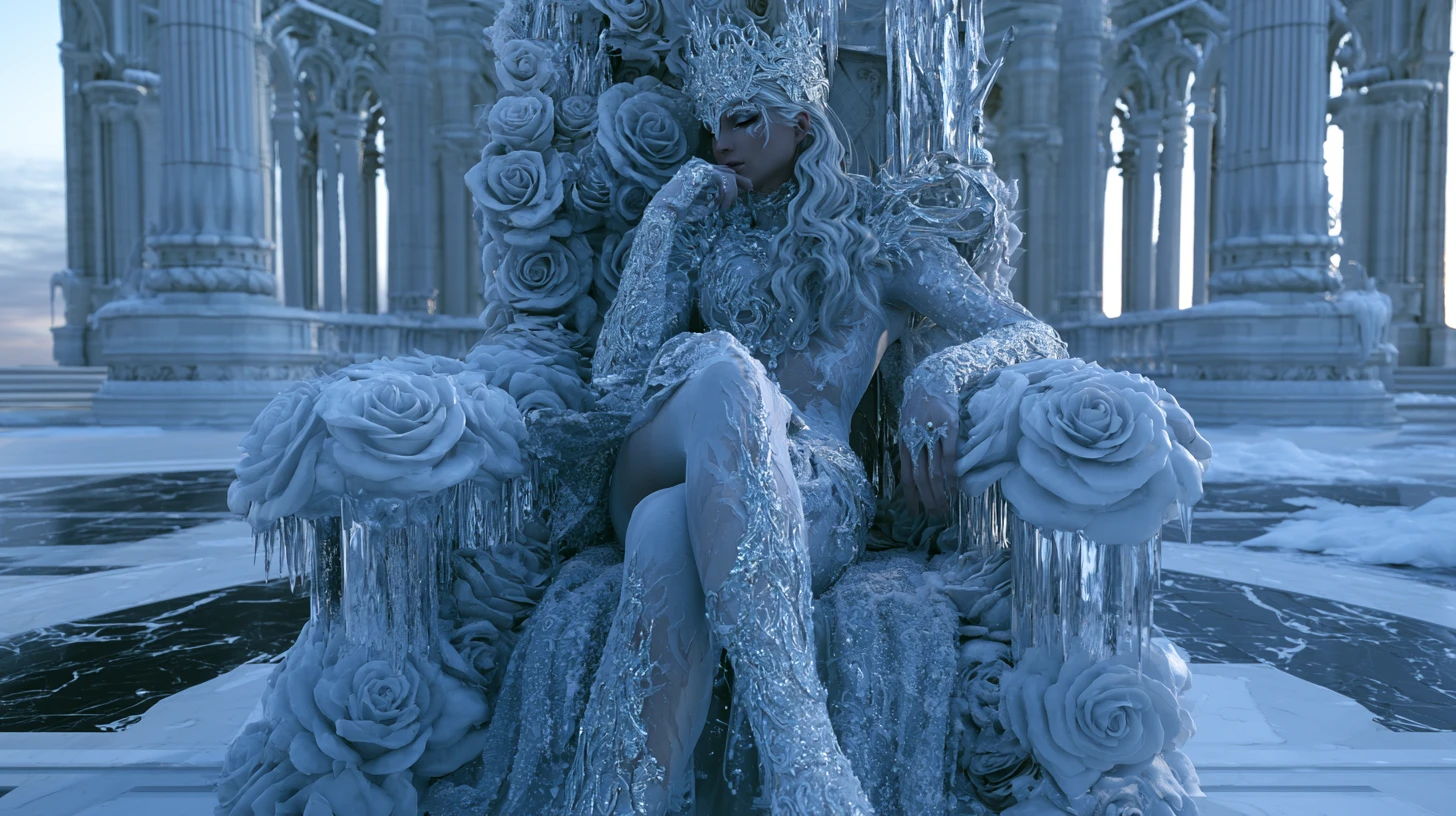Reina de hielo mística sentada en un trono de rosas congeladas