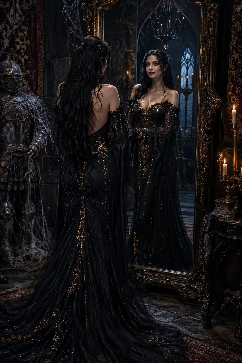 Gothic woman before an ornate mirror in a castle