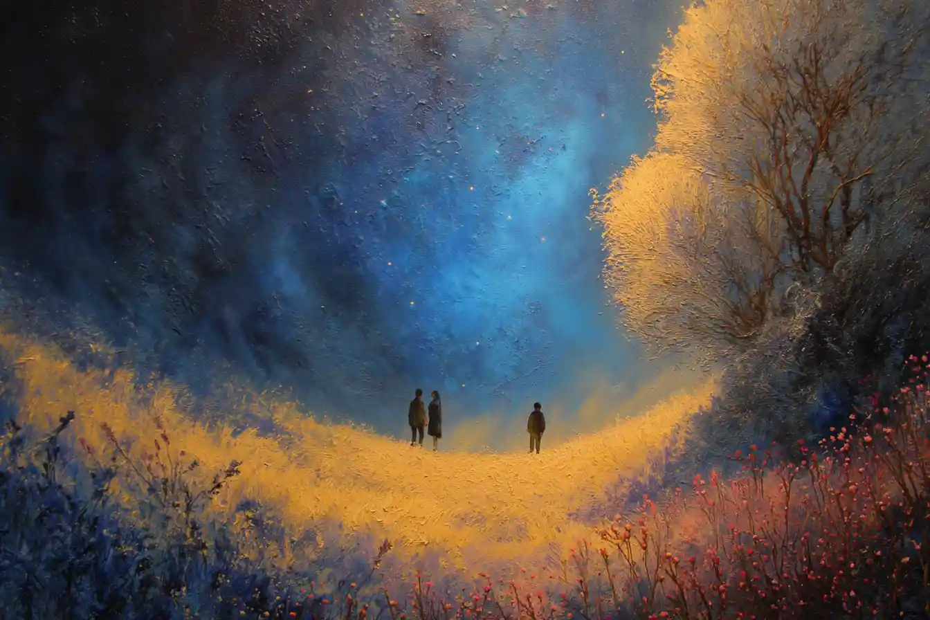 Paysage abstrait du cœur plein d’espoir en riches tons indigo et dorés