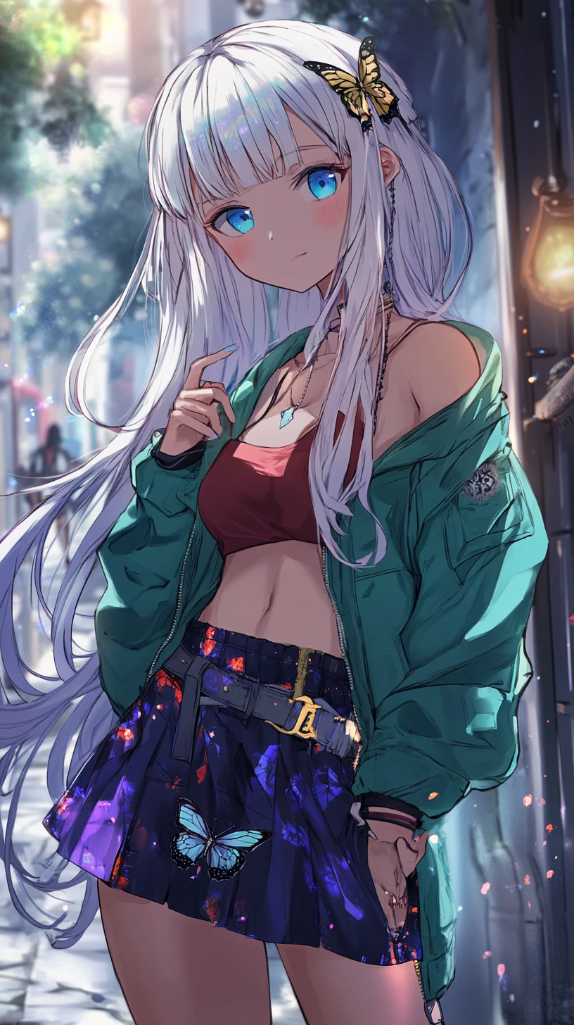 在壁爐旁放鬆的紫色長髮動漫少女