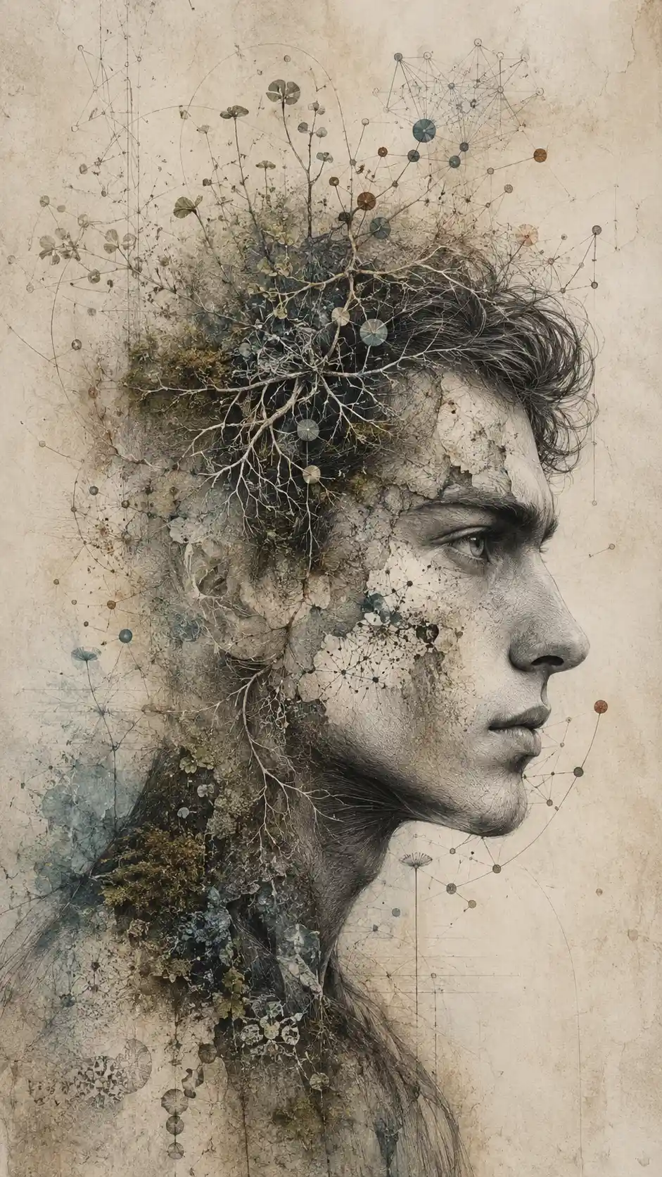 Surreal graphite profile portrait with botanical neural details