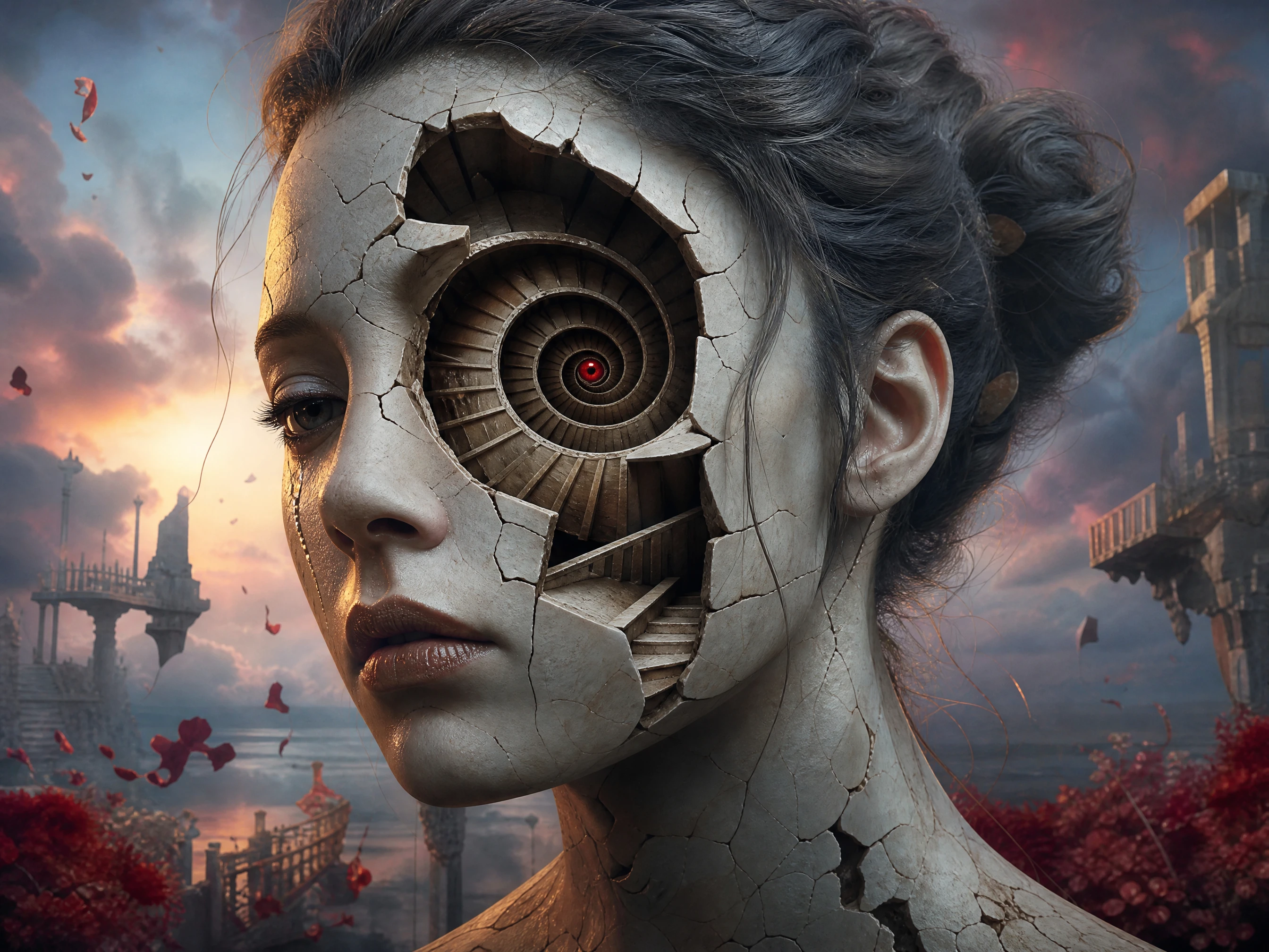 破裂瓷器女人的超現實3D肖像