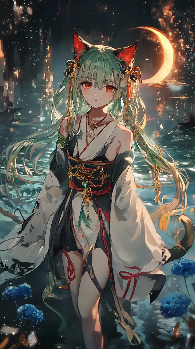 Garota de anime de cabelo verde com traje de fantasia elaborado