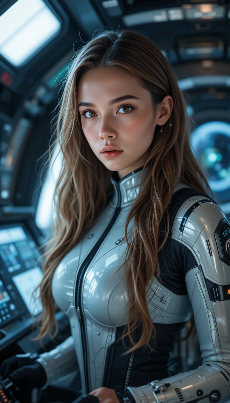 在未來感駕駛艙中駕駛太空船的堅定女性
