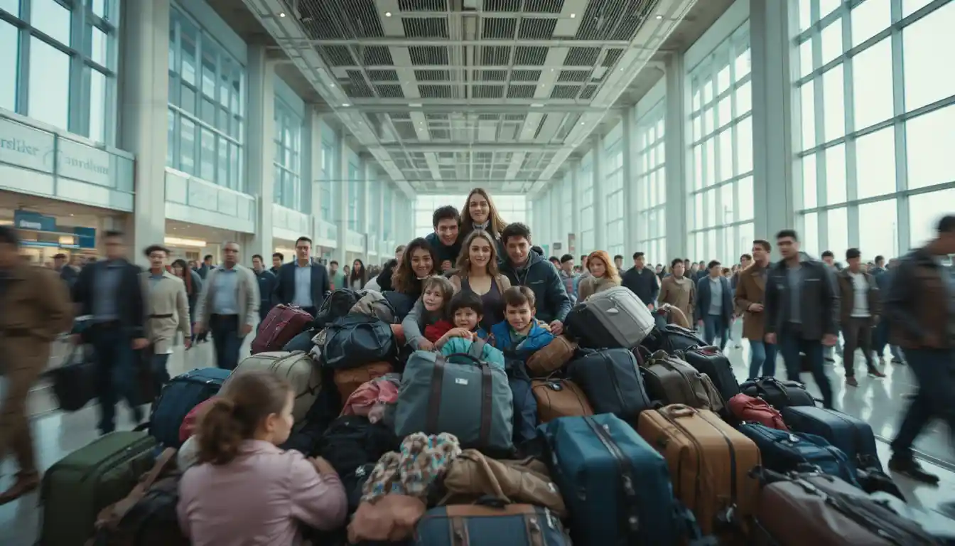 Stressed mother with children in crowded airport terminal