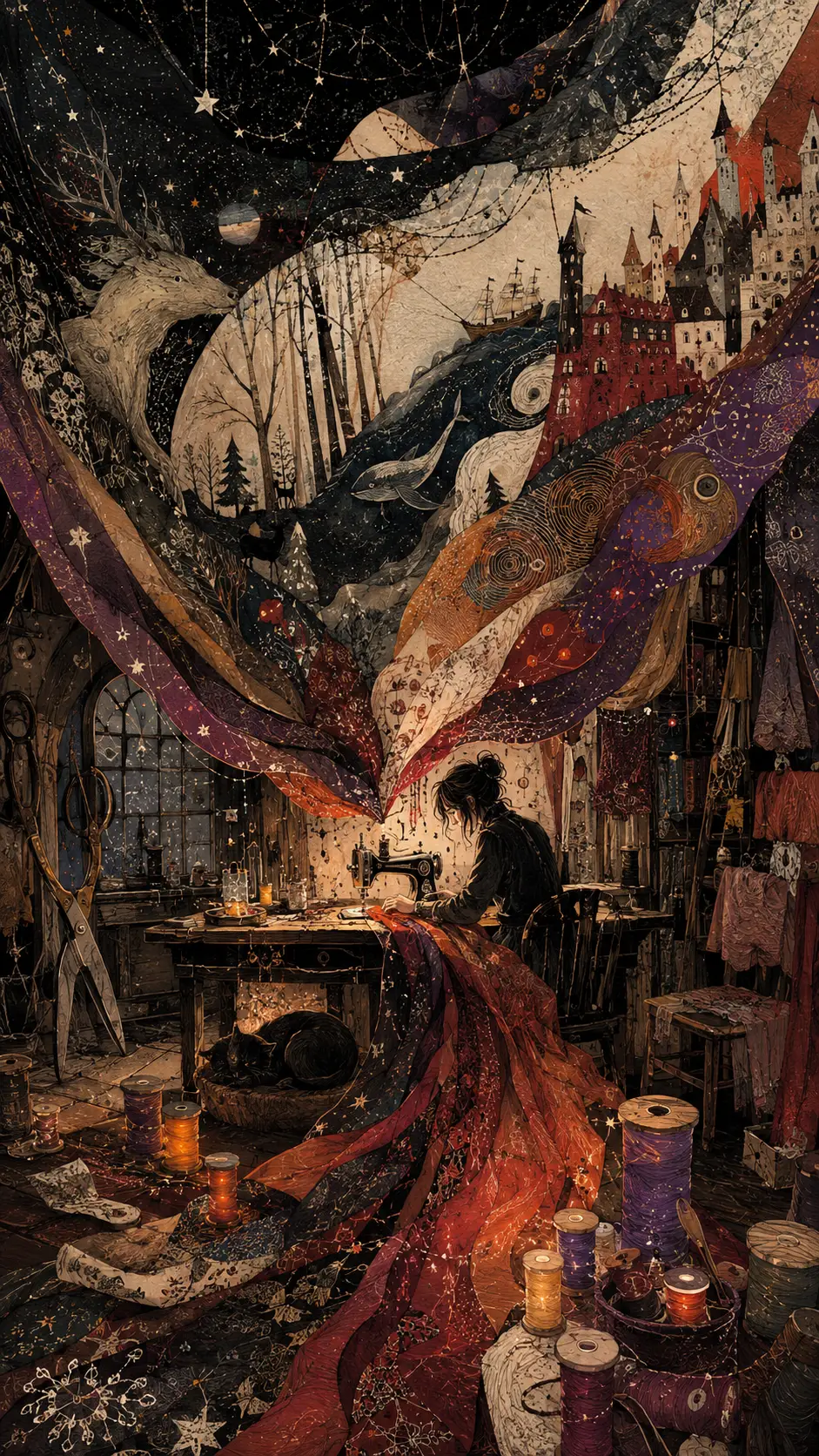 Mysterious tailor sewing dreams in a tiny crooked workshop