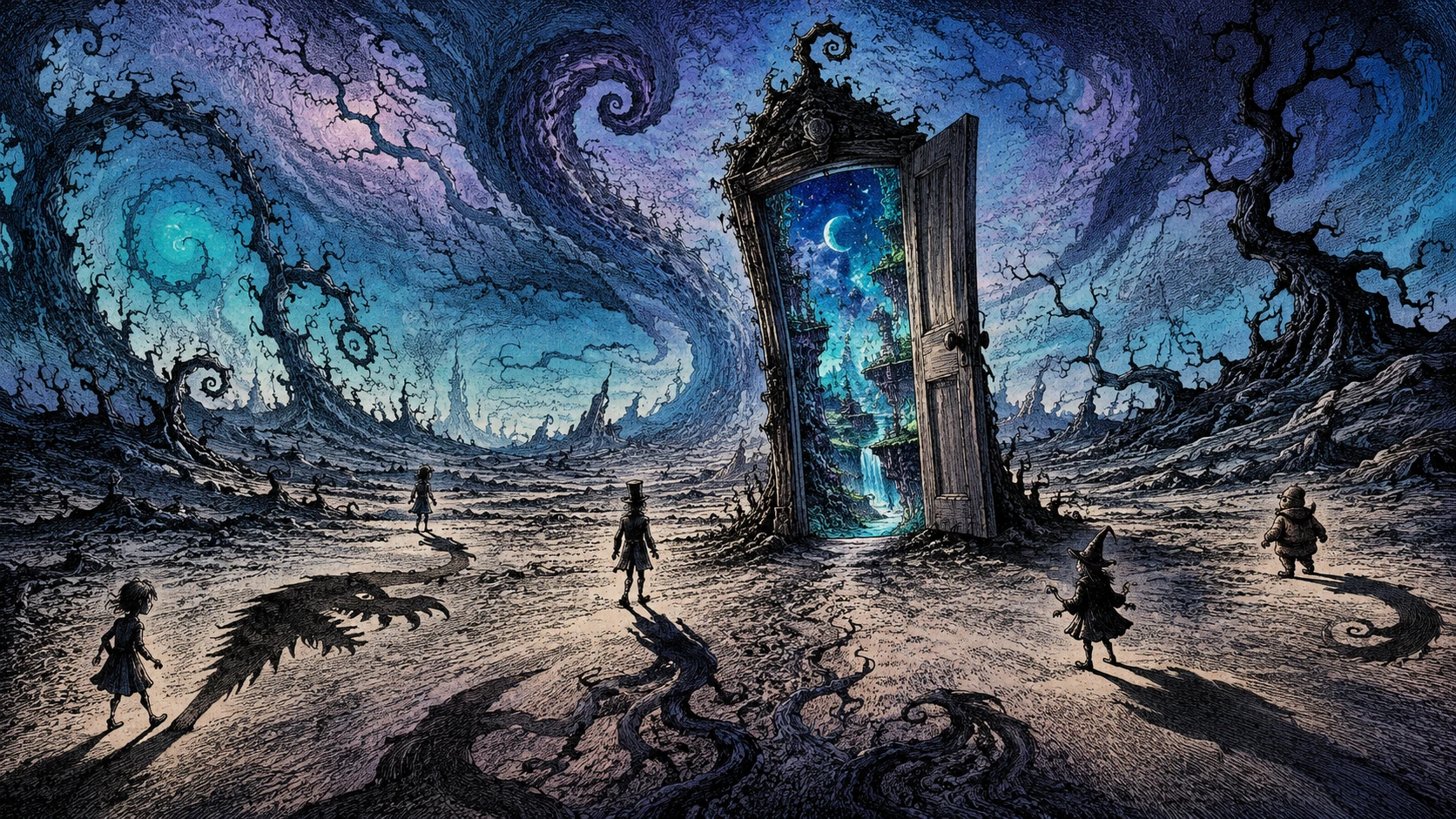 Crooked doorway in a vast surreal landscape of shadows