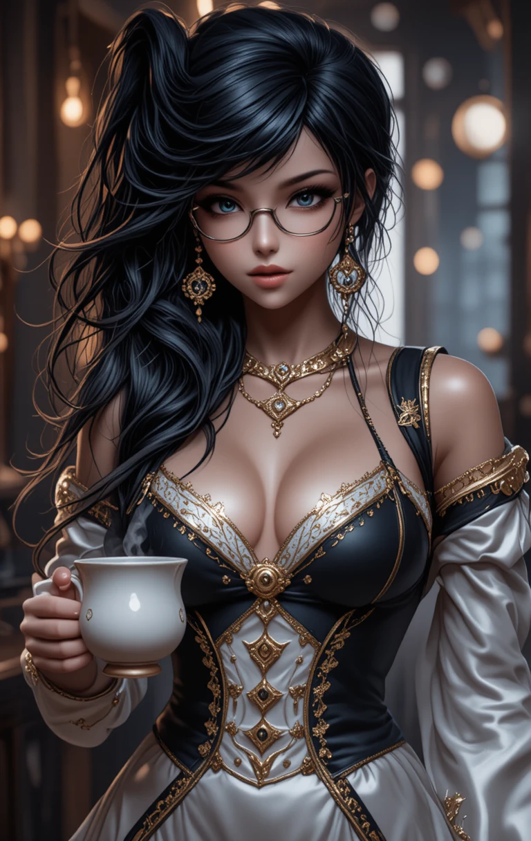 手拿咖啡杯的黑髮華麗蒸汽船船長