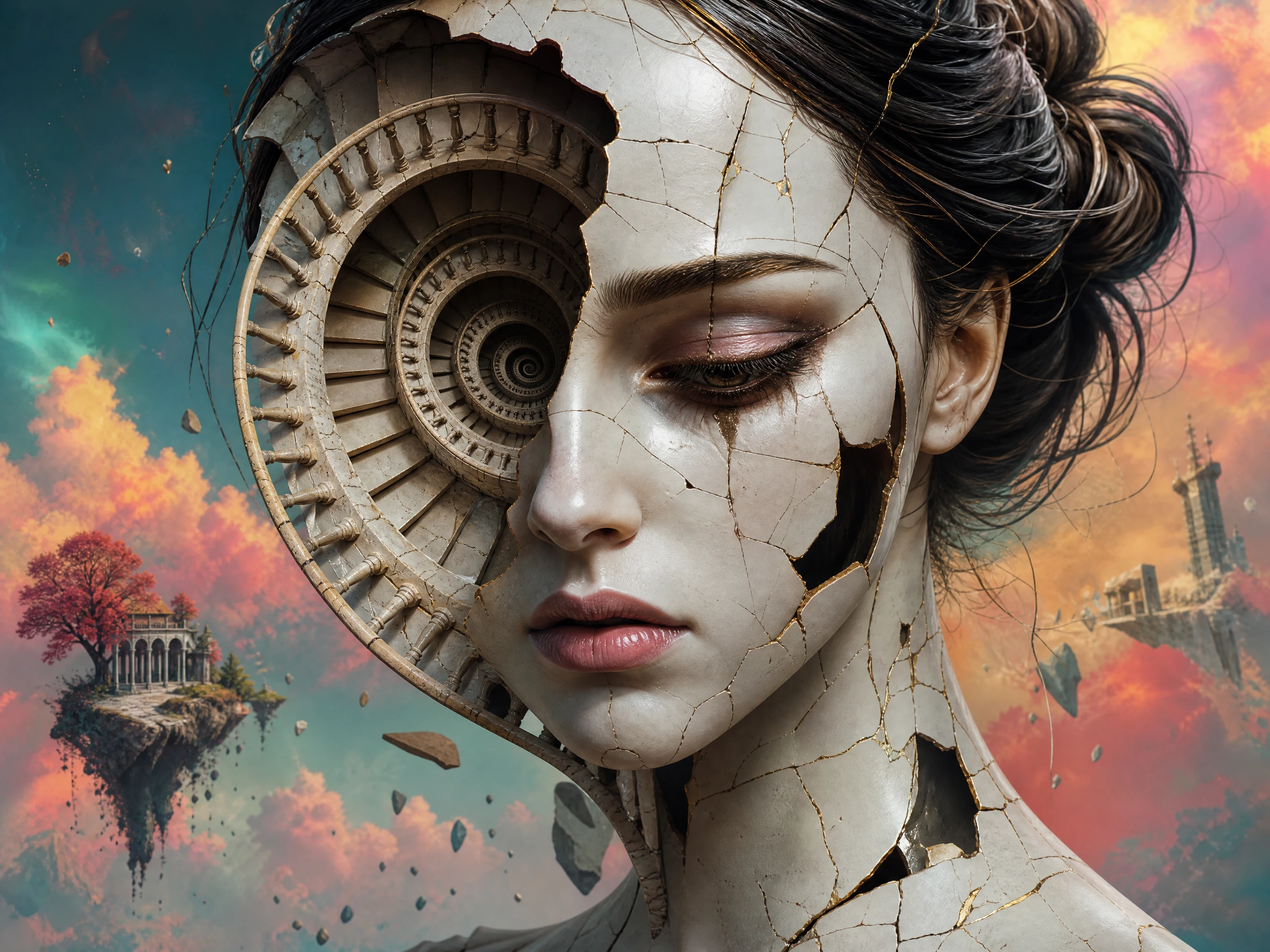 破裂瓷器面孔女子的超現實 3D 肖像