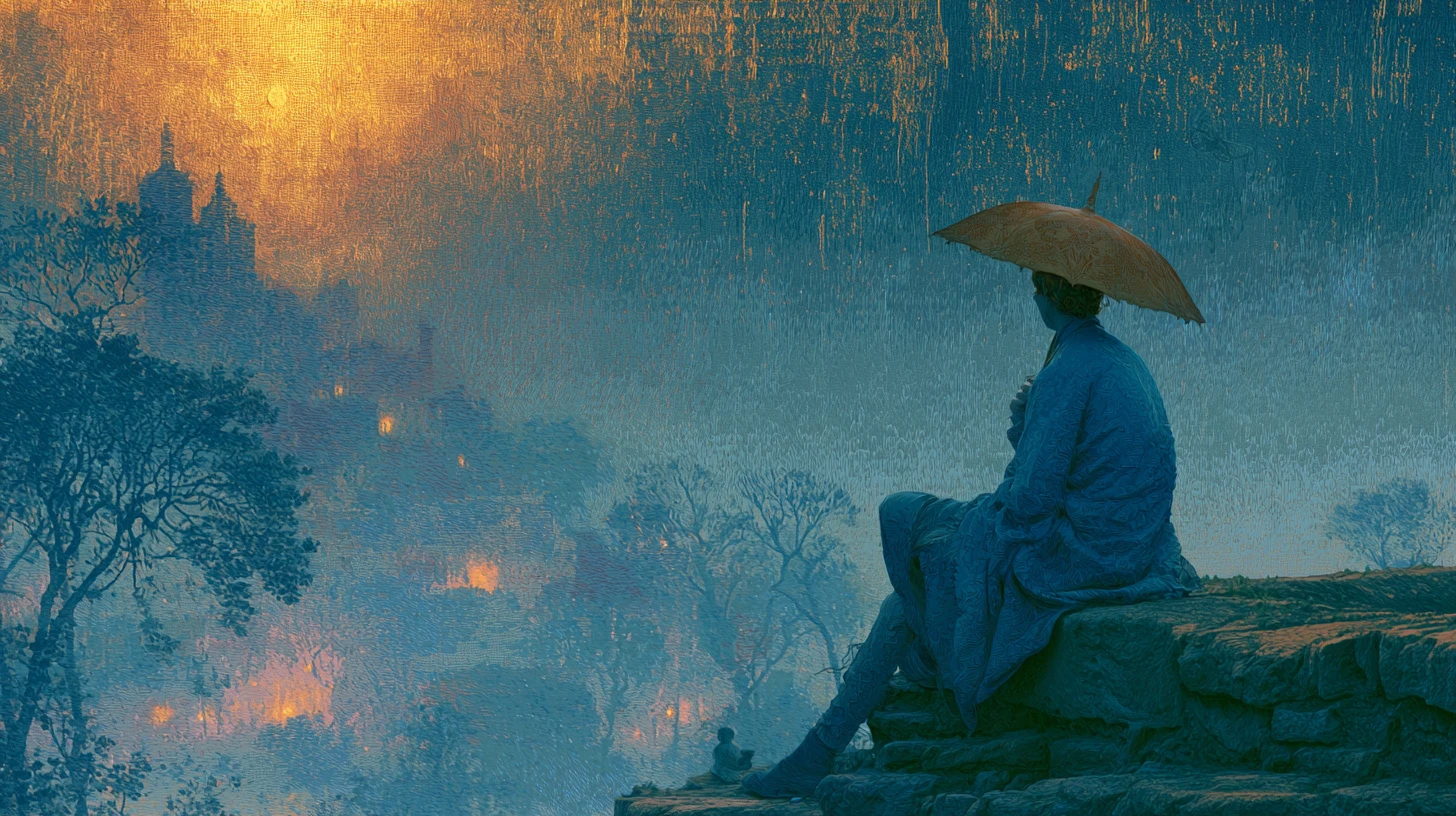 Surreal tapestry heartscape in rich indigo and golden hues