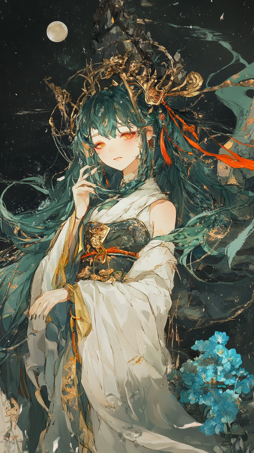 Chica de anime con elaborado cabello verde y detalles de estrellas doradas