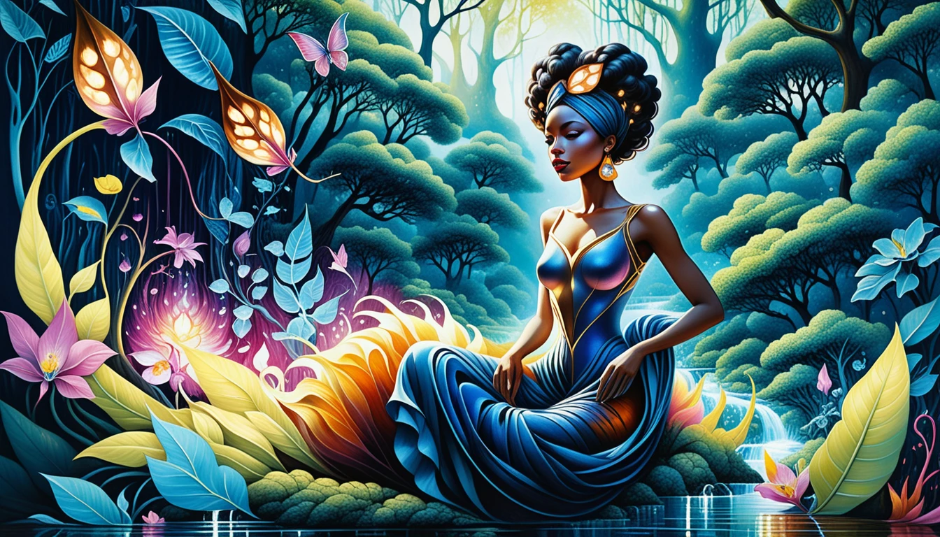 Surreal dreamlike painting of a beautiful black woman