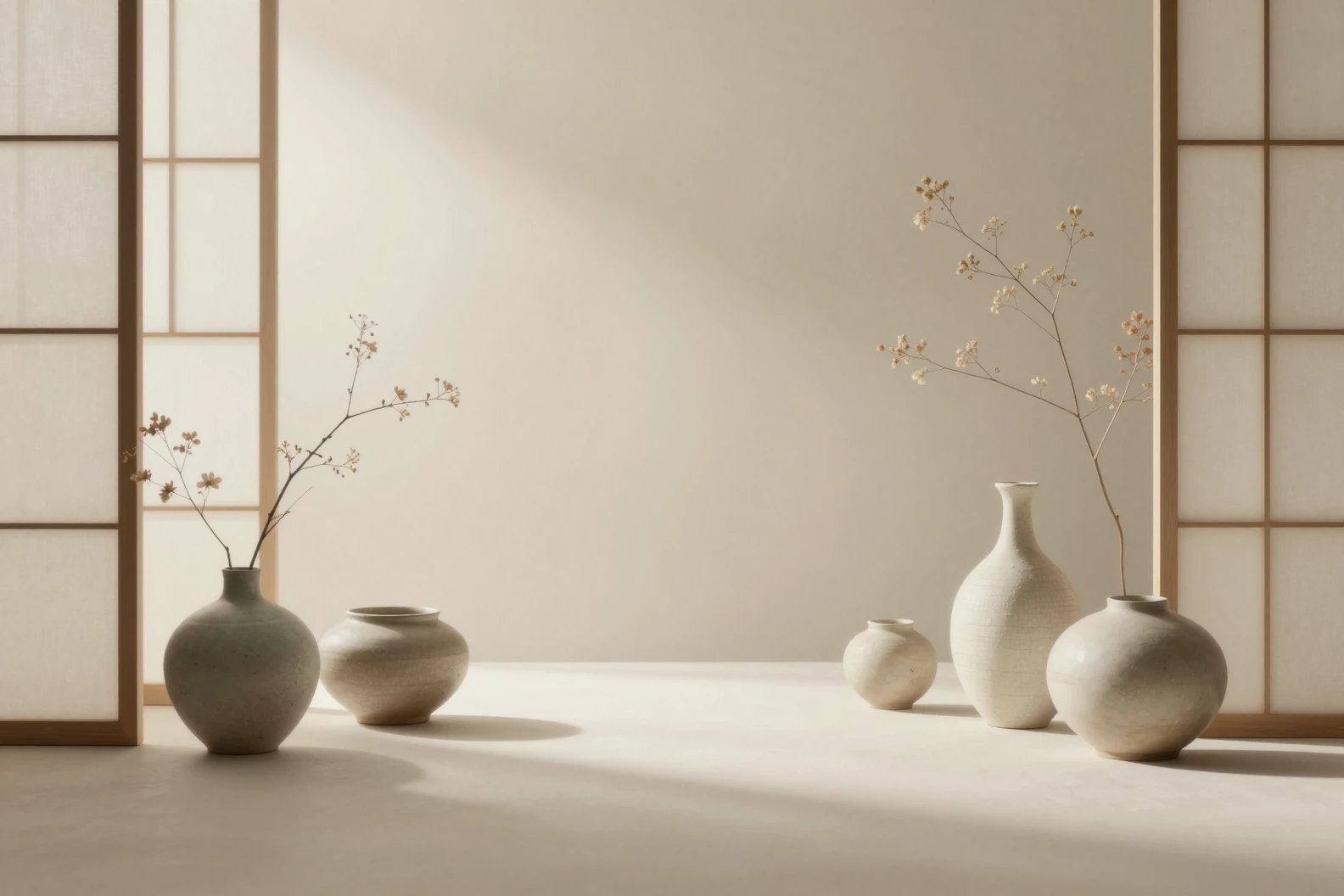 Intérieur Japandi serein avec vases en céramique et lumière douce