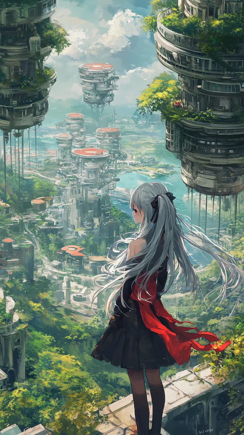 綠色幻想之海上的未來感混凝土建築群