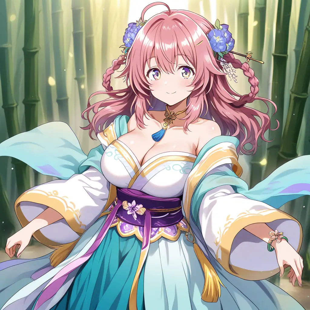 Anime girl in white hanfu with aqua gradient skirt
